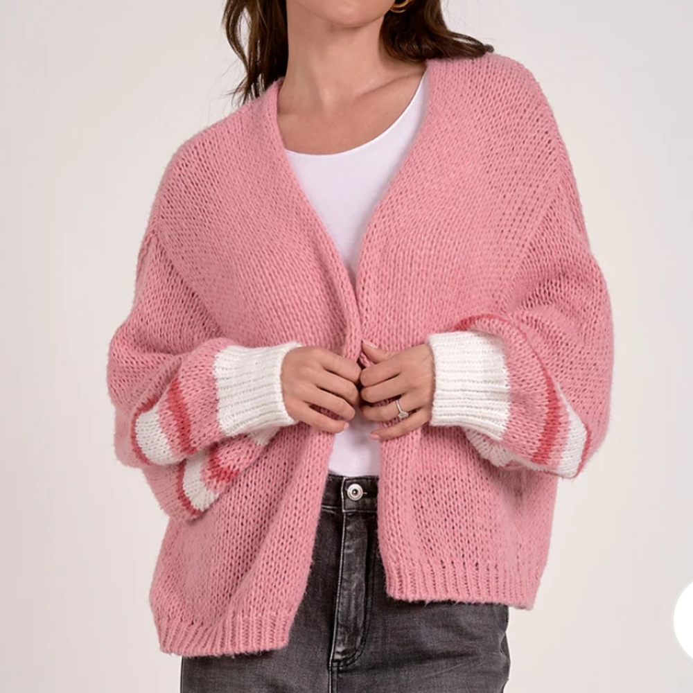 Elan Pink and White Striped Open Bubble‎ Cardigan